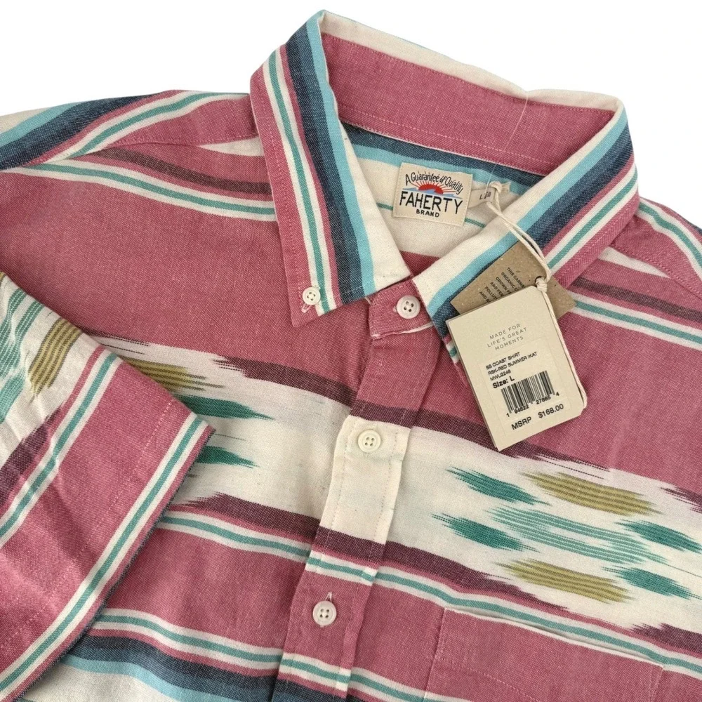 Faherty SS Coast Shirt Red Summer Ikat Organic Cotton Stripe Mens‎ Large NEW